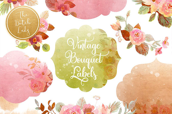 复古水彩插画/标签设计素材包 Vintage Bouquet & Label Clipart Set