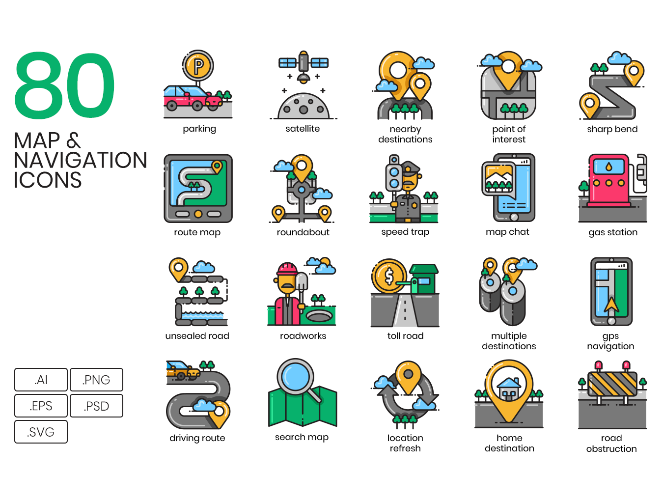 80个高质量地图和导航彩色矢量图标 80 Map & Navigation Icons插图