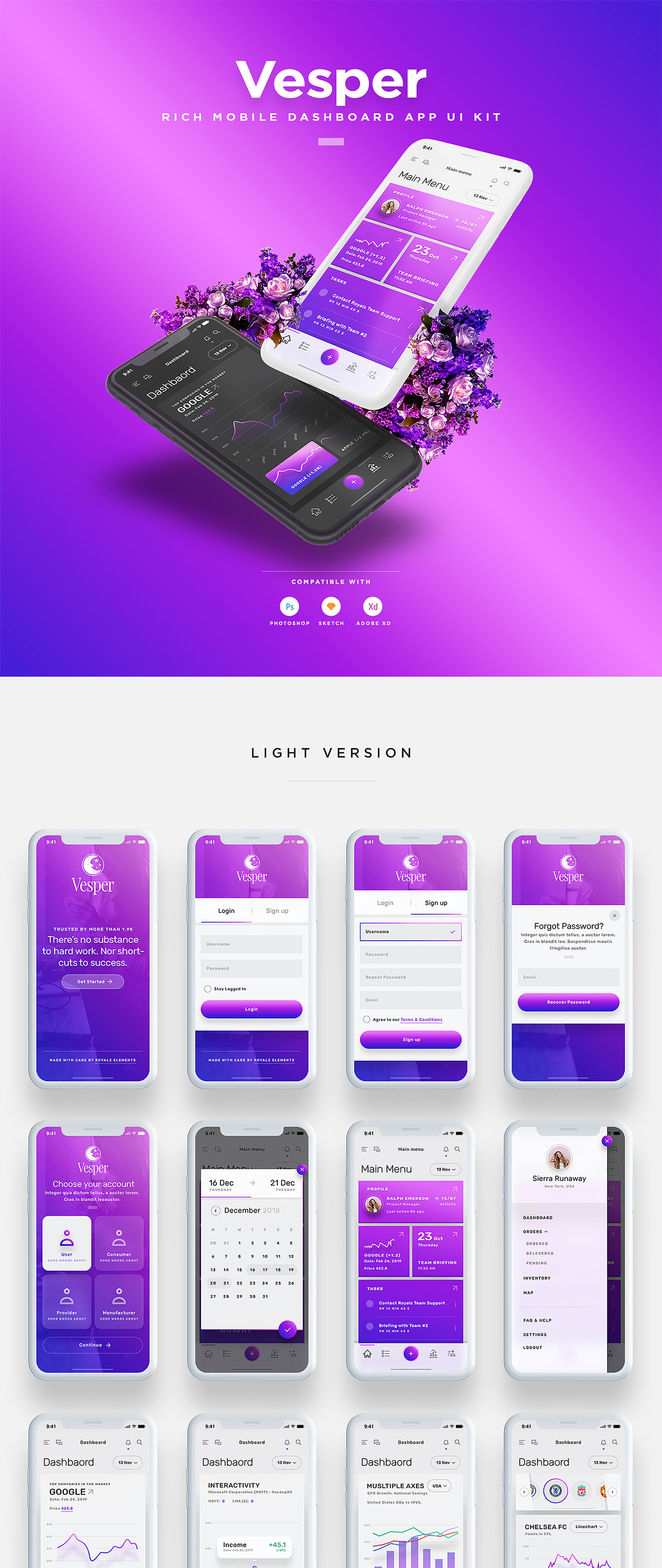 现代精美功能丰富的仪表板和管理iOS APP UI套件 Vesper – Dashboard iOS UI Kit插图8