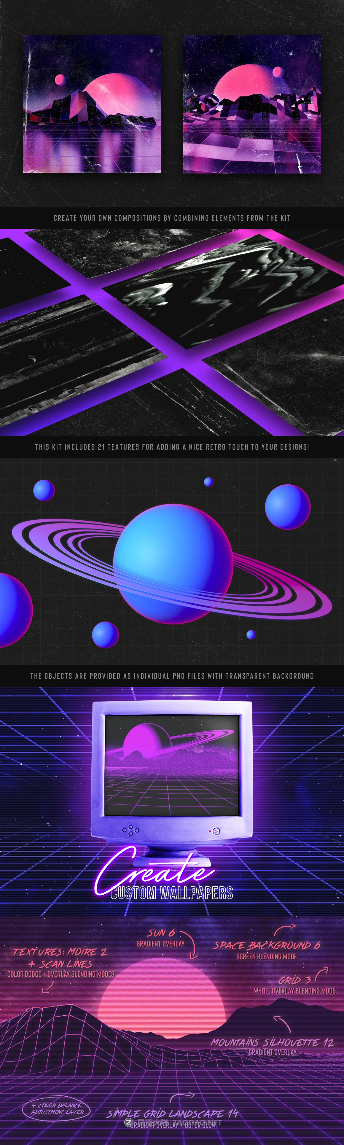 80年代复古时尚元素背景设计套装 Retro Landscape Kit插图2 80年代复古时尚元素背景设计套装 Retro Landscape Kit插图2