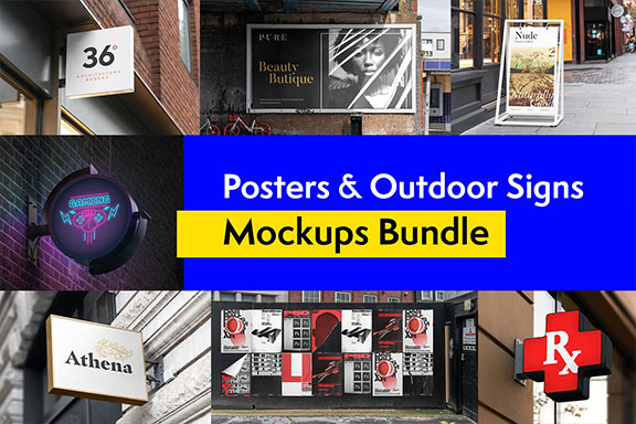 56款高品质户外标志招牌海报设计预览图样机模板 Posters and Signs Mockups Bundle