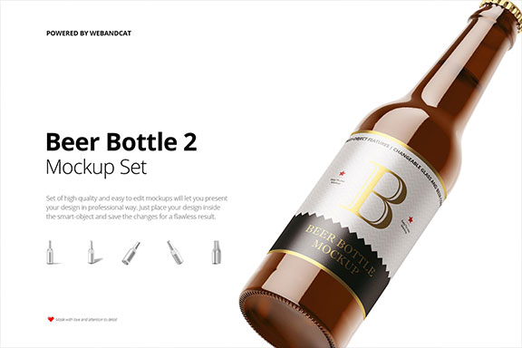 带标签棕色透明啤酒玻璃瓶设计样机模板2 Beer Bottle Mockup 2
