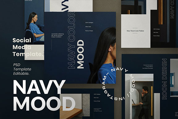 海军蓝色家具设计工作室品牌推广社交媒体设计模板 Navy Mood – Social Media Template