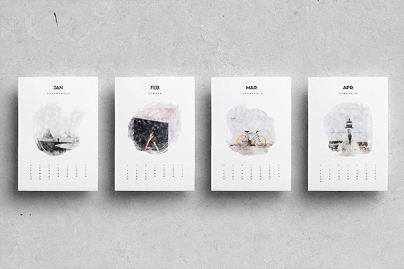 出色创意2020年水彩日历台历设计INDD模板 2020 Watercolor Calendar