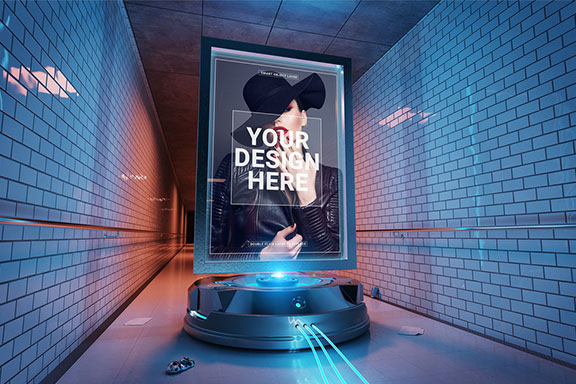 地铁通道车站灯箱广告海报设计效果图样机模板 Futuristic Billboard in Tunnel Mockup