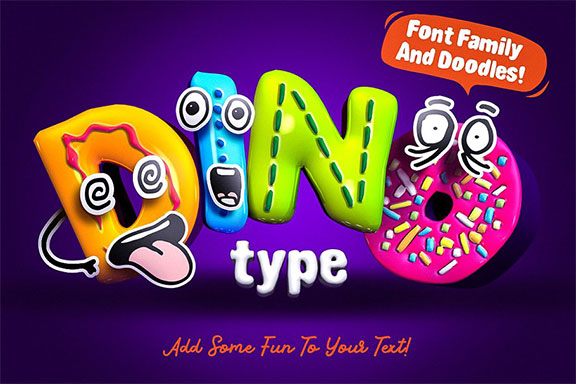 创意有趣可爱卡通甜甜圈字母字符英文字体合集 DinoType Font Family+Bonus