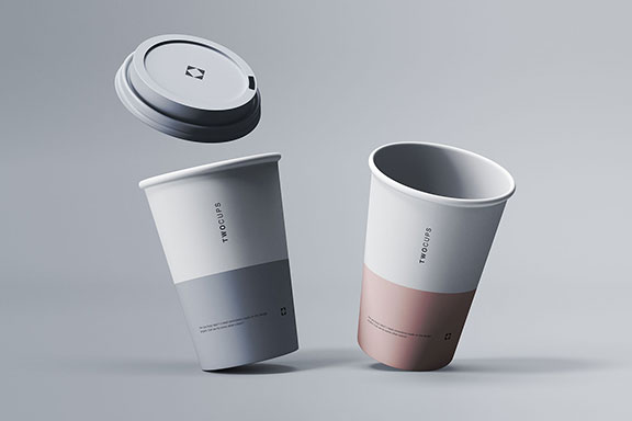 品牌VI设计预览图两个一次性咖啡纸杯样机模板 Two Disposable Coffee Cups Mockup