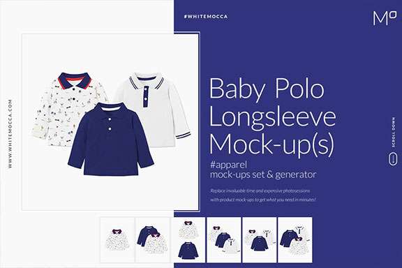 婴儿长袖上衣设计效果图样机模板套装 Baby Polo Longsleeve Mockups Set