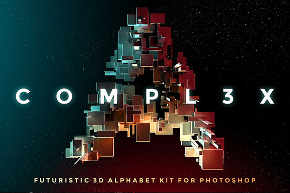 带有灯光科幻3D颗粒块状字母设计PS图层样式素材套件 COMPL3X – Futuristic 3D Alphabet Kit