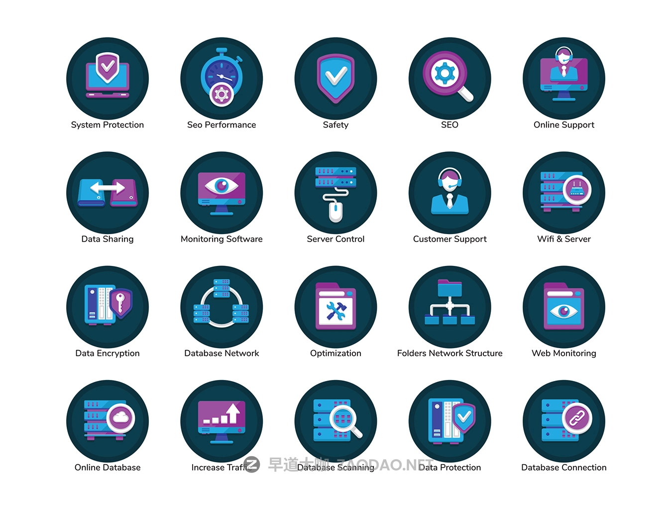 100款可填充色彩云计算虚拟机矢量图标合集 100 Web Hosting Flat Icons