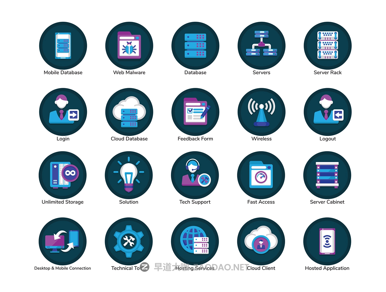 100款可填充色彩云计算虚拟机矢量图标合集 100 Web Hosting Flat Icons