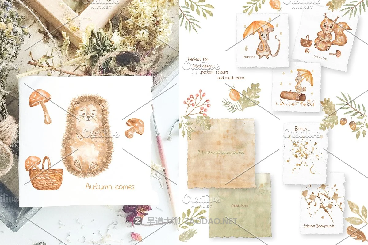 奇妙可爱手绘水彩森林动物植物花卉剪贴画集 Forest Story插图3 奇妙可爱手绘水彩森林动物植物花卉剪贴画集 Forest Story插图3