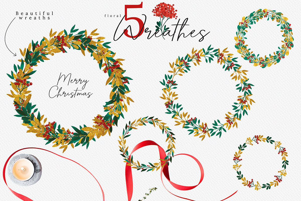 圣诞节主题手绘水彩花圈剪贴画集合christmas Watercolor Flowers Clipart Collection 早道大咖