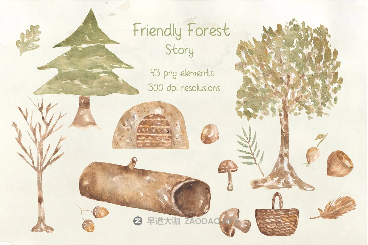奇妙可爱手绘水彩森林动物植物花卉剪贴画集 Forest Story插图1 奇妙可爱手绘水彩森林动物植物花卉剪贴画集 Forest Story插图1