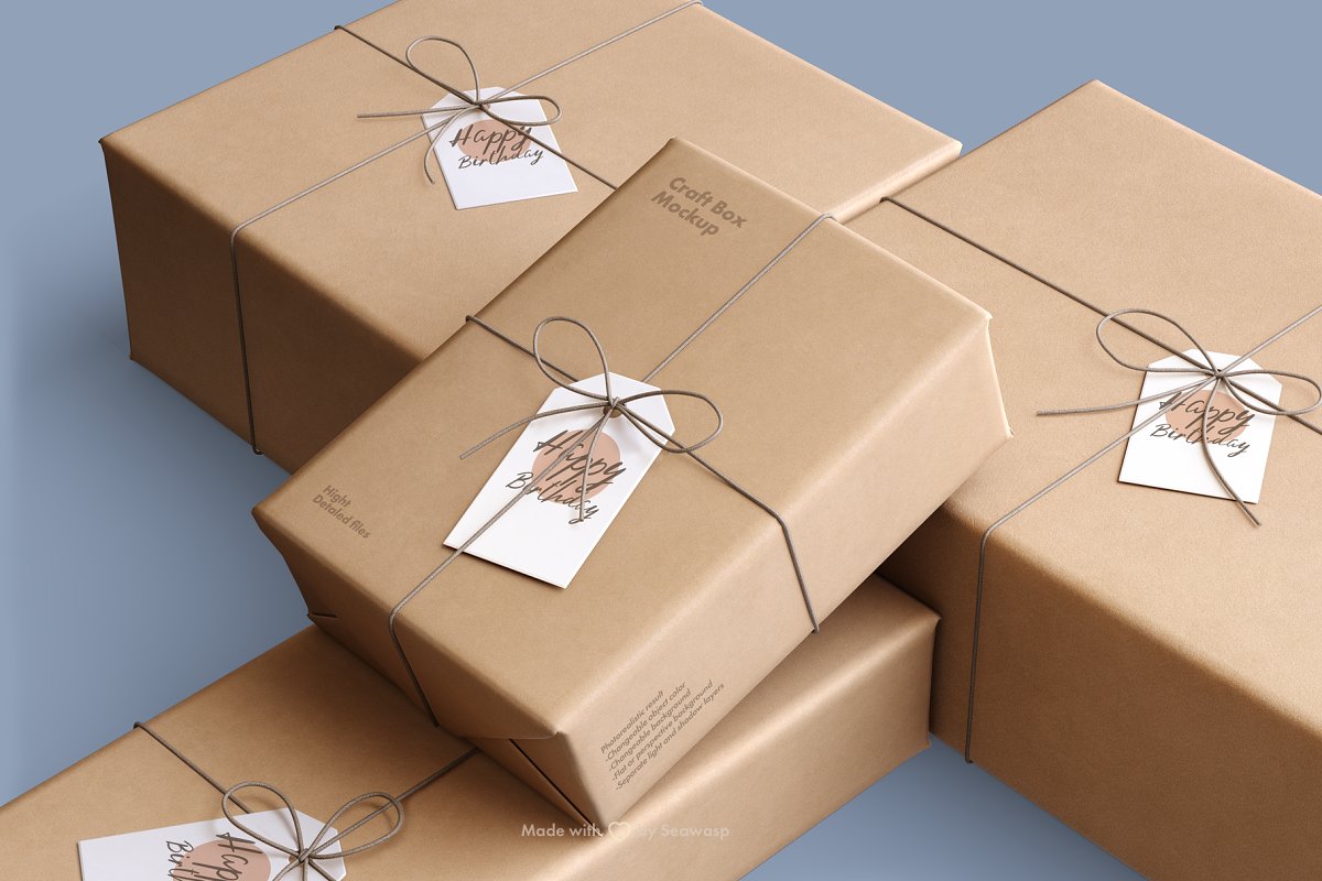 5款逼真牛皮纸礼品盒包装设计样机模板 craft paper giftbox mockup