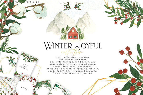 冬季主题手绘装饰元素水彩剪贴画设计素材集 Watercolour Winter Joyful Clip Art