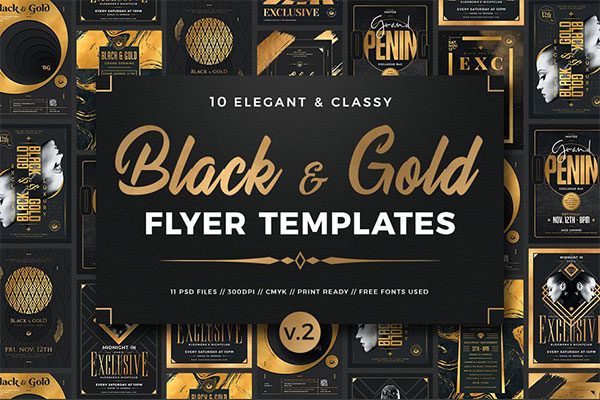 10款高端黑色&金色宣传单设计模板套装V2 10 Black and Gold Flyers Bundle V2