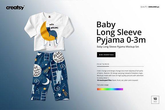 婴儿长袖睡衣服装样机模板套装 Baby Long Sleeve Pyjama Mockup Set