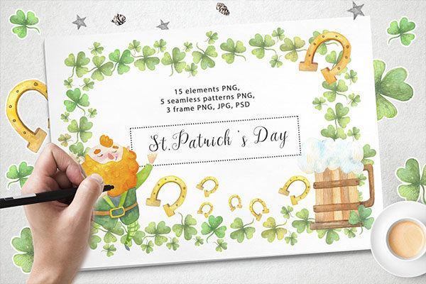 可爱手绘节日装饰品水彩插画集 Happy St.Patrick’s Day