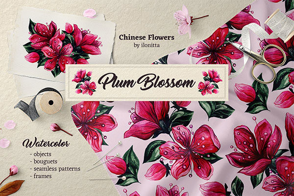 中国风手绘梅花花束水彩插画 Plum Blossom Watercolor Flowers Art