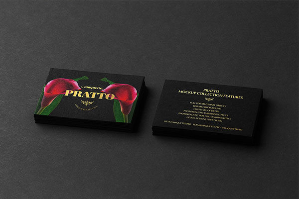 两张带金色浮雕效果黑色名片设计预览图样机模板 Two Black and Gold Business Cards Mockup 2