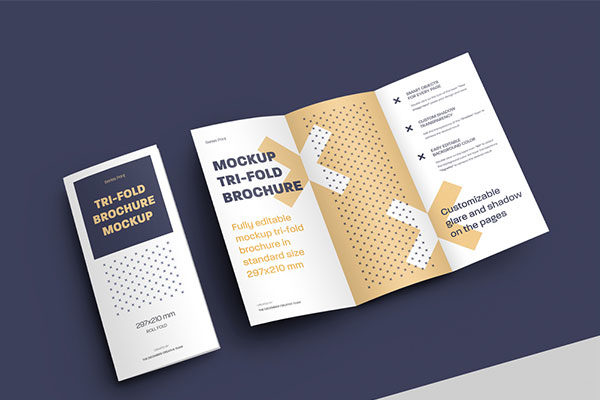 12个角度两折页小册子设计预览图样机PSD模板 12 Mockup Set of Tri Fold Roll Brochures
