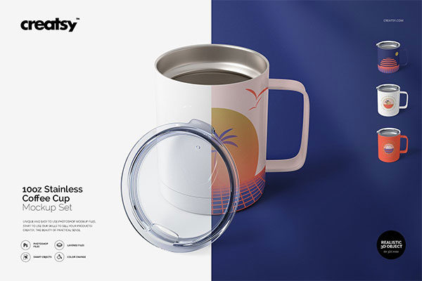 10盎司不锈钢咖啡杯外观设计效果图样机模板 10oz Stainless Coffee Cup Mockup Set