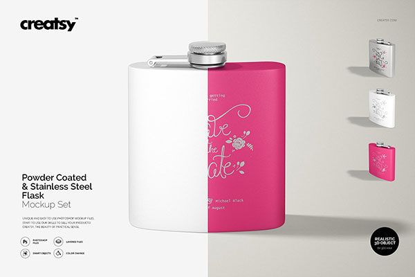 不锈钢酒壶水壶外观设计效果图样机模板 Powder Coated & Steel Flask Mockup