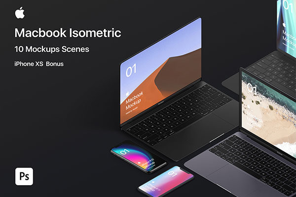 自适应网页设计等距Macbook 2018&iPhone XS展示样机模板 Macbook 10 Isometric