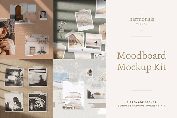 逼真极简摄影照片墙设计展示样机模板 Moodboard Mockup Kit