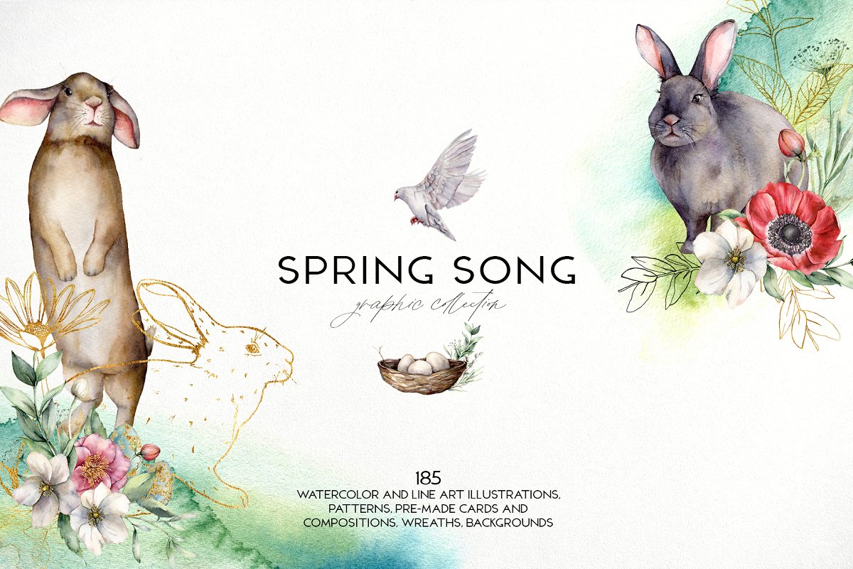 春天主题动物&花卉手绘水彩剪贴画集 Spring Song Graphic Collection插图