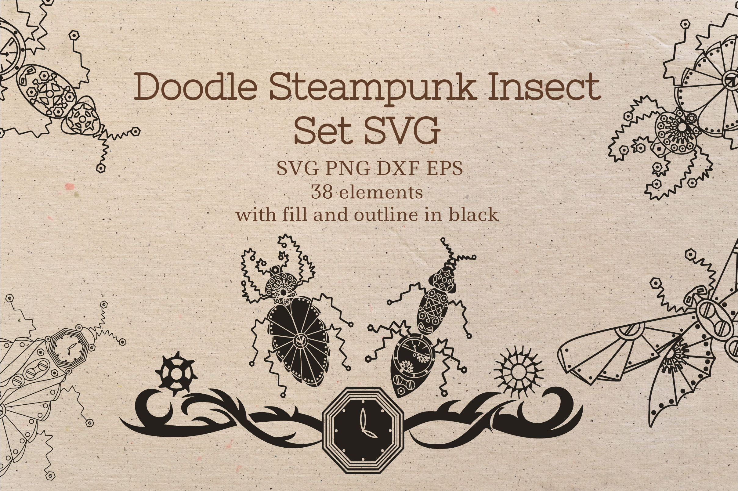 蒸汽朋克昆虫手绘矢量插画套装 doodle steampunk insect set svg