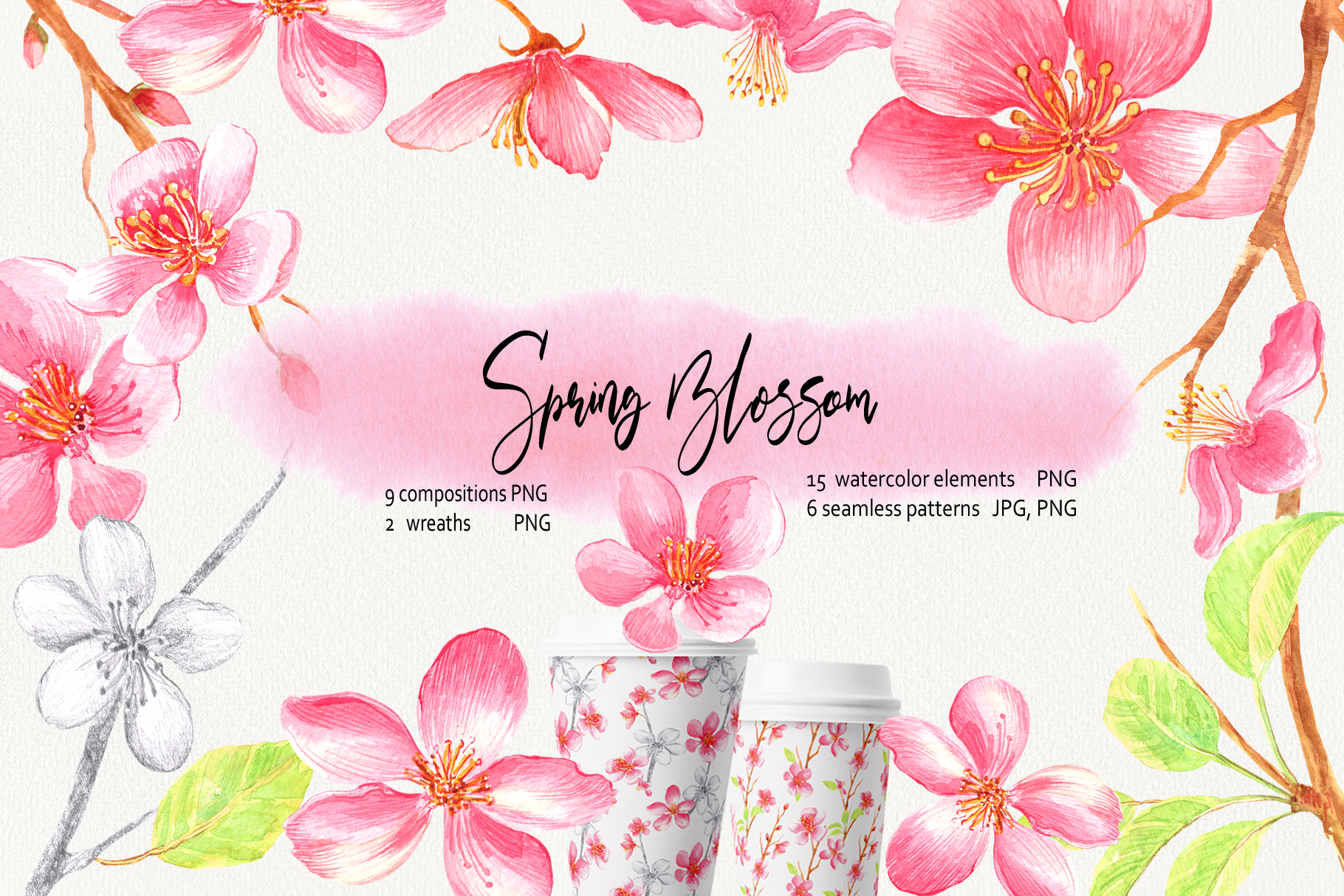 春天主题花卉手绘剪贴画集 Watercolor Spring Blossom Clip Art插图