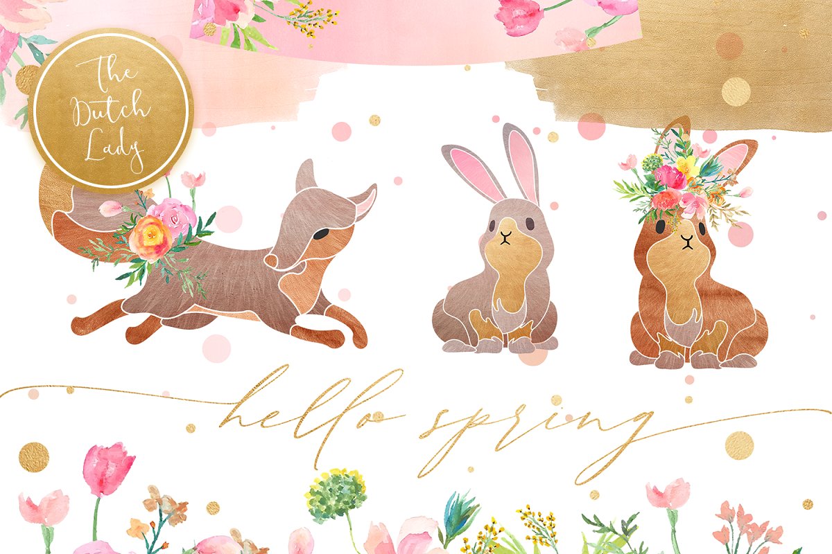 春天主题手绘兔子&狐狸水彩剪贴画套装 Hello Spring Clipart Set插图