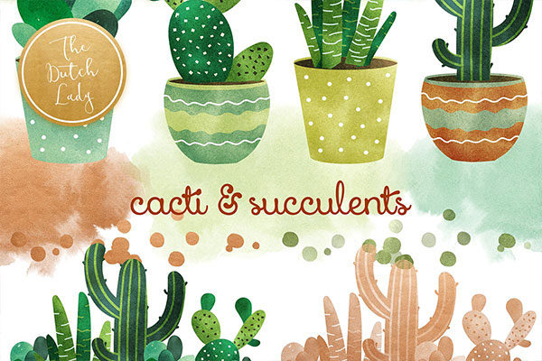 高品质仙人掌&多肉水彩剪贴画套装 Cacti & Succulent Clipart Set