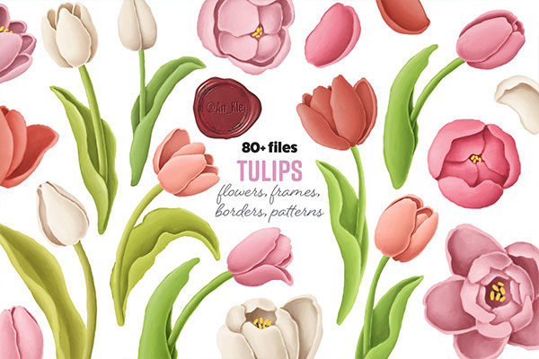 郁金香花卉手绘水彩剪贴画集合 Tulip Flowers, Patterns, Borders