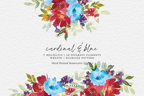 鲜红色和蓝色手绘花卉水彩剪贴画集合 Cardinal & Blue Watercolor Floral Clipart Collection