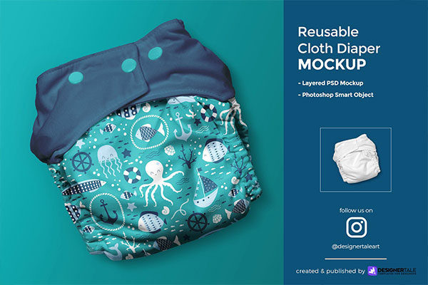 逼真婴儿尿不湿设计预览图样机模板 Reusable Cloth Diaper Mockup