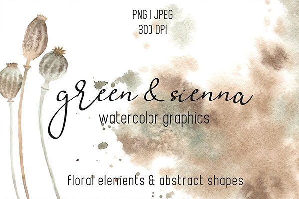 柔美树叶手绘水彩剪贴画设计素材集 Green & Sienna Watercolor Collection