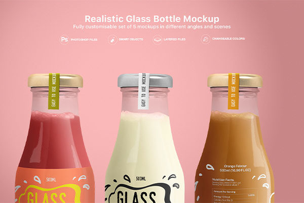 5款透明果汁玻璃瓶外观设计效果图样机 Realistic Glass Bottle Mockup