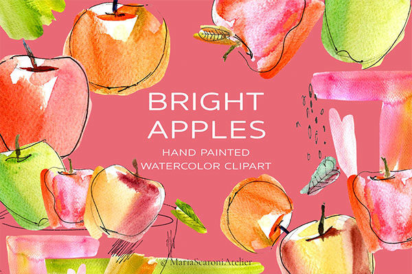 抽象色彩鲜亮苹果手绘水彩画 Bright Apples Watercolor