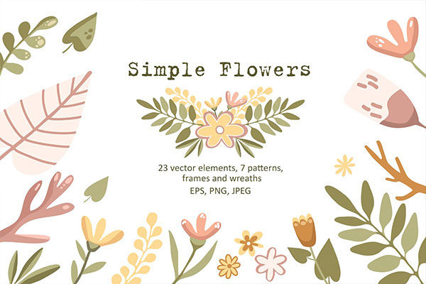 简约花卉&树叶矢量剪贴画集 Simple Flowers – Vector Clip Art Set