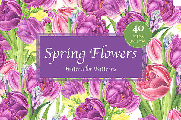 春天郁金香花卉手绘水彩插画集 Spring Flowers Watercolor Patterns