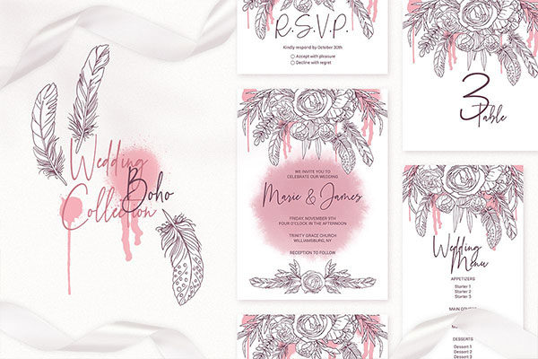 波西米亚风格婚礼邀请函设计模板 Boho Wedding Invitation Cards. Floral Prin