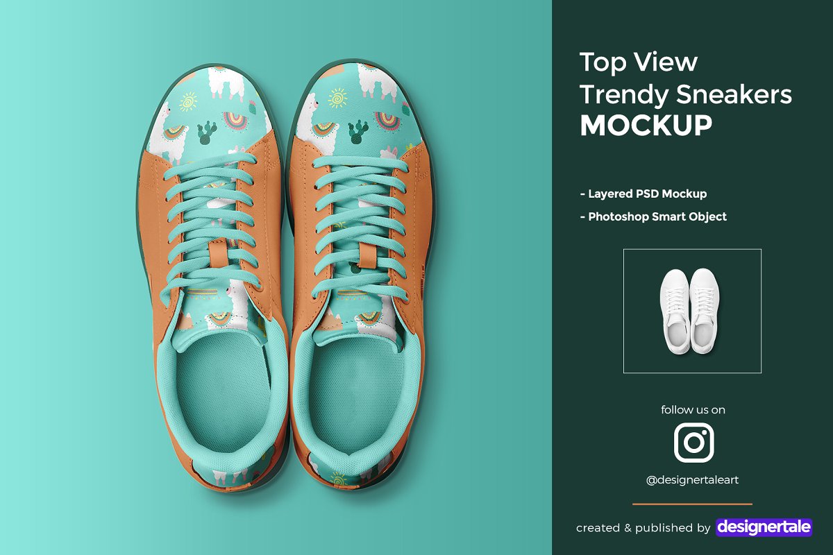 Download 顶视图时尚运动板鞋外观设计效果图样机模板 Top View Trendy Sneakers Mockup - 早道大咖