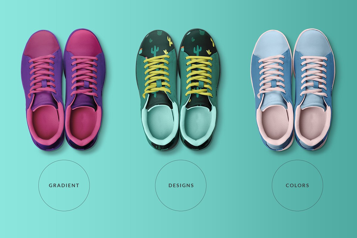 Download 顶视图时尚运动板鞋外观设计效果图样机模板 Top View Trendy Sneakers Mockup - 早道大咖