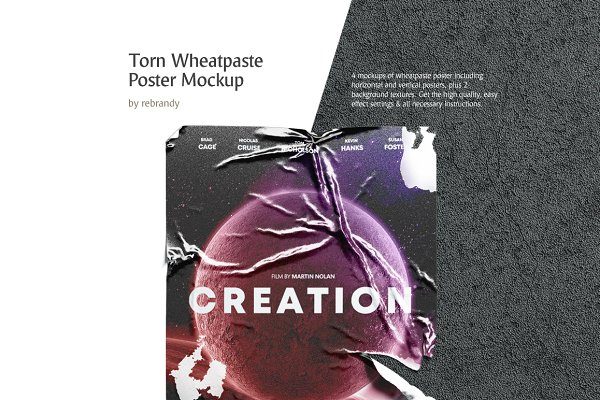 4个褶皱撕裂墙贴海报设计展示样机模板 Torn Wheatpaste Poster Mockup