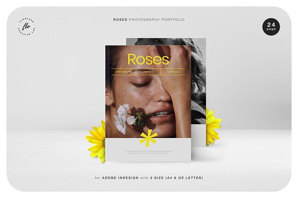 时尚摄影作品集宣传画册杂志设计INDD模板 ROSES Photography Portfolio