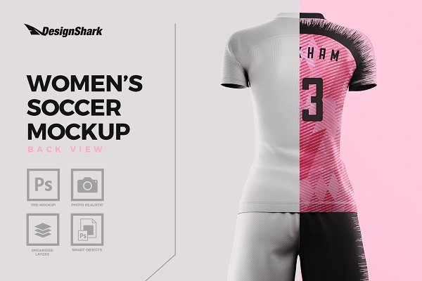 后视图女子足球服装设计效果图样机模板 Women’s Soccer Kit Mockup – Back
