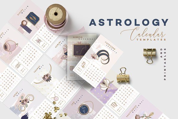 占星术主题日历台历设计矢量模板 Astrology Calendar Templates